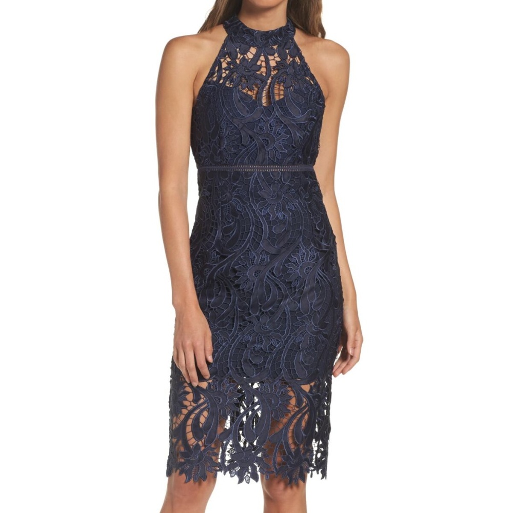 Bardot Isa Lace Halter Dress in French Navy